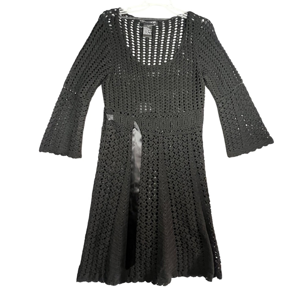 Madison Leigh Women's Black Crochet Knit Dress Size L 3/4 Sleeve Knee Length